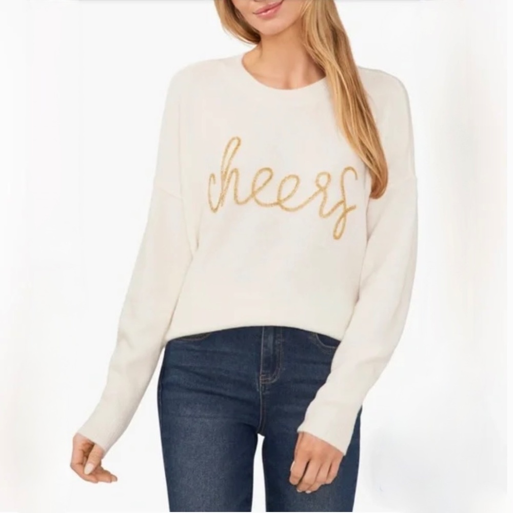 Vince Camuto Winter White Crewneck Sweater with Beaded Golden  "cheers"